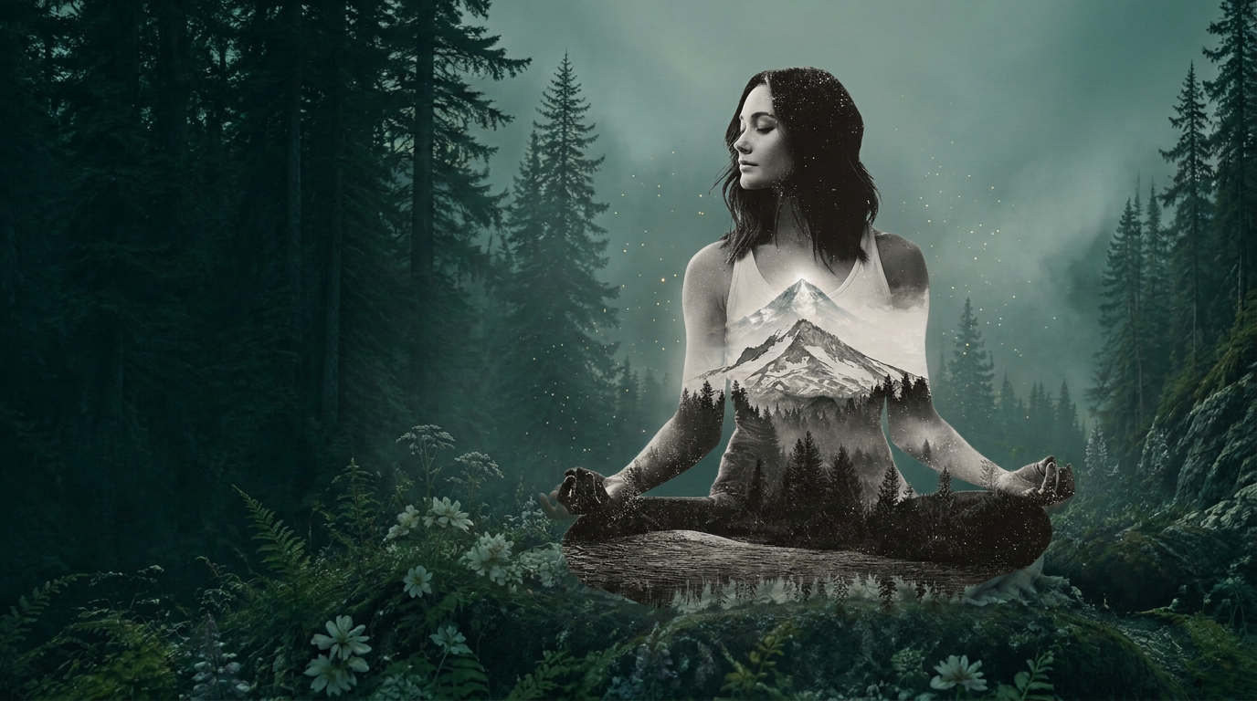 MAIAM meditating, Mount Shasta rising through her heart